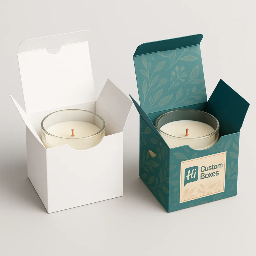 Two cube-shaped boxes- plain white and decorated- containing a glass-jar tealight candle- class=